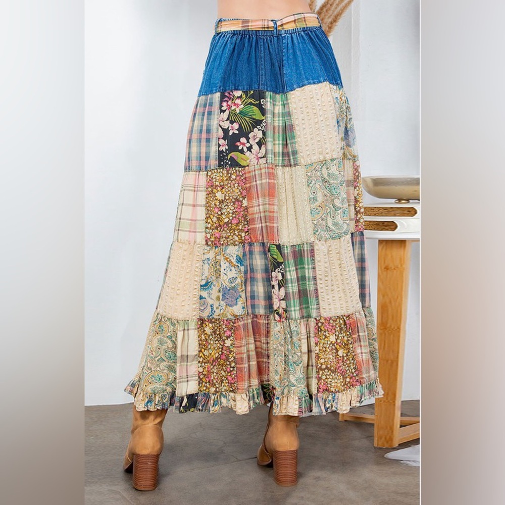 Boho Patchwork Maxi Skirt - Beige Multicolor - Picture 3 of 5